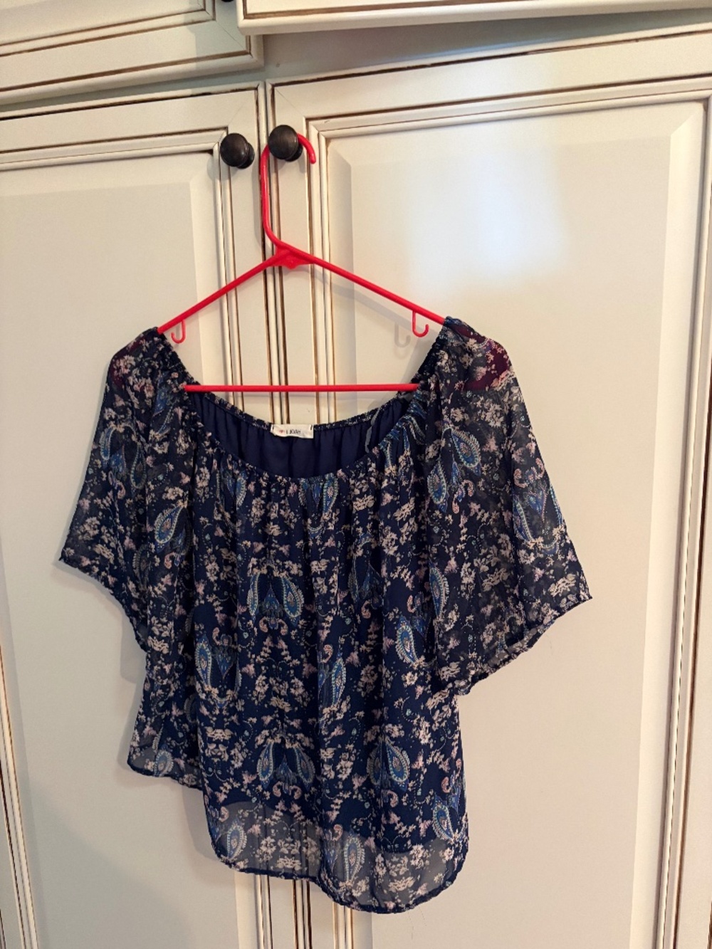 Navy Floral Paisley Off-The-Shoulder Chiffon Blouse